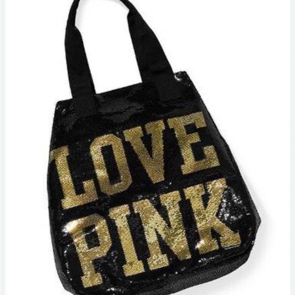 Victoria’s Secret Pink allover sequins tote bag black gold summer - Picture 1 of 5